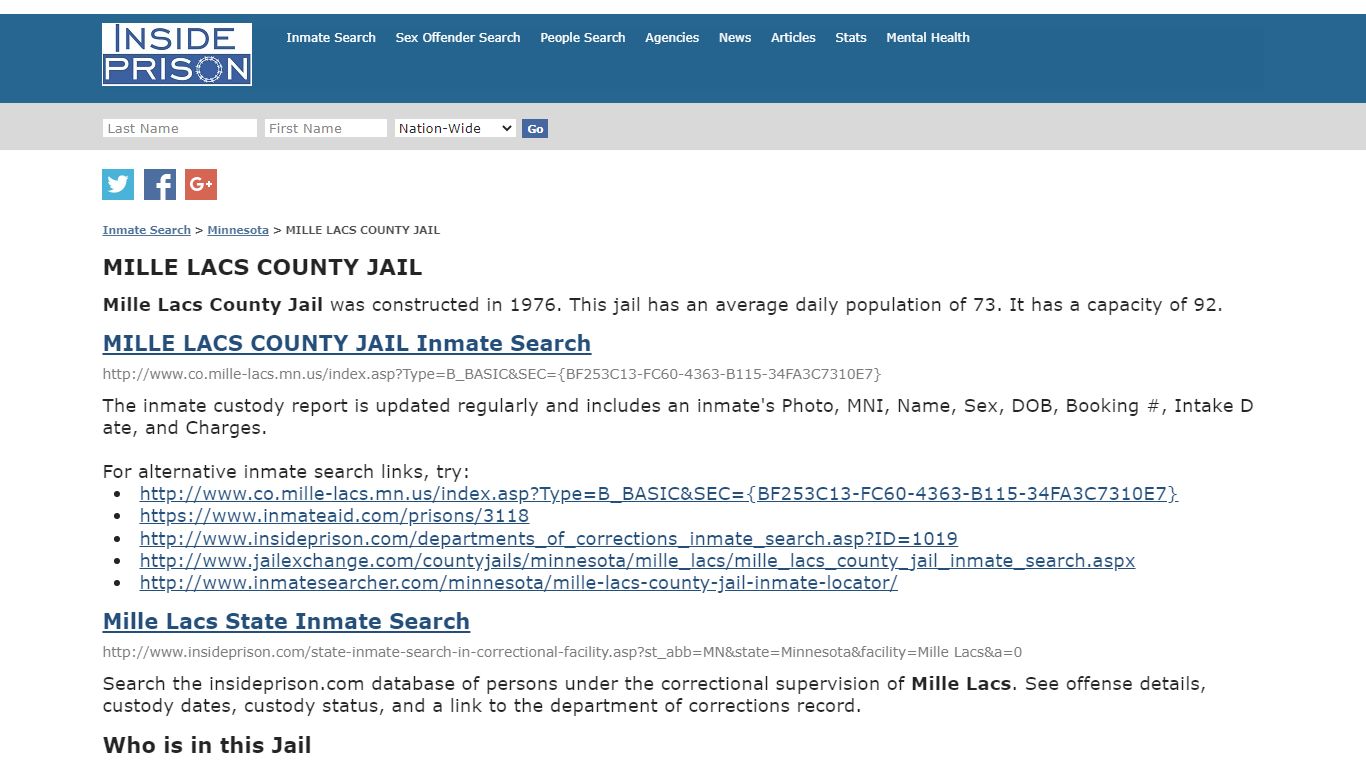 MILLE LACS COUNTY JAIL - Minnesota - Inmate Search